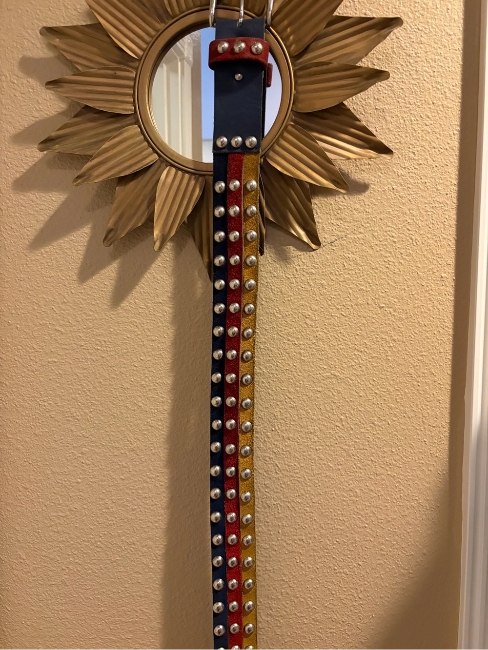 Vera Neumann Vintage 1980’s Leather Three Colors Navy Yellow Red Metal Stud Belt